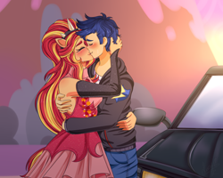 Size: 4500x3600 | Tagged: safe, artist:lucy-tan, flash sentry, sunset shimmer, human, equestria girls, g4, absurd resolution, blushing, car, clothes, commission, cute, dress, duo, eyes closed, female, hug, jacket, jeans, kiss on the lips, kissing, leather jacket, male, pants, ponied up, shimmerbetes, ship:flashimmer, shipping, straight