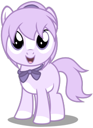 Size: 2360x3220 | Tagged: safe, artist:strategypony, oc, oc only, oc:mio (higglytownhero), earth pony, pony, bowtie, cute, earth pony oc, female, filly, foal, high res, looking at you, looking up, looking up at you, ponytail, simple background, solo, song in the description, transparent background