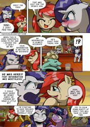 Size: 1204x1700 | Tagged: safe, artist:tarkron, rarity, twilight sparkle, zephyr breeze, oc, oc:cosmo cool, oc:red scarla, alicorn, earth pony, pegasus, pony, unicorn, comic:the royal sandal, g4, alcohol, angry, bandana, beer, beer bottle, bottle, comic, ear piercing, earring, exclamation point, female, glass, interrobang, jewelry, male, mare, piercing, purse, question mark, scar, speech bubble, stallion, sunglasses, tongue out, twilight sparkle (alicorn)