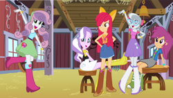 Size: 1024x578 | Tagged: safe, artist:sunsetshimmer333, apple bloom, diamond tiara, scootaloo, silver spoon, sweetie belle, equestria girls, g4, adult, alternate clothes, alternate hairstyle, belt, boots, clothes, clothes swap, cowboy boots, high heel boots, older, older apple bloom, older diamond tiara, older scootaloo, older silver spoon, older sweetie belle, shirt, shoes, skirt, solo