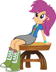 Size: 1024x1306 | Tagged: safe, artist:sunsetshimmer333, scootaloo, equestria girls, g4, adult, alternate clothes, alternate hairstyle, belt, boots, boots swap, clothes, clothes swap, cute, cutealoo, cutie mark on clothes, like sister like sister, long hair, older, older scootaloo, rainbow dash's boots, scootaloo in rainbow dash's clothes, shirt, shoes, simple background, skirt, solo, tomboy, transparent background