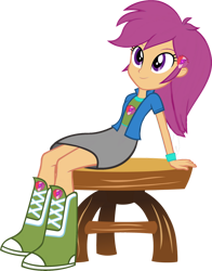 Size: 1024x1306 | Tagged: safe, artist:sunsetshimmer333, scootaloo, equestria girls, g4, adult, alternate clothes, alternate hairstyle, belt, boots, clothes, clothes swap, cute, cutealoo, cutie mark on clothes, like sister like sister, long hair, older, older scootaloo, shirt, shoes, simple background, skirt, solo, tomboy, transparent background