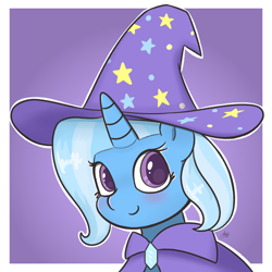 Size: 2160x2160 | Tagged: safe, artist:limitmj, trixie, pony, unicorn, g4, abstract background, blushing, bust, cape, clothes, cute, diatrixes, female, hat, high res, looking at you, mare, signature, smiling, smiling at you, solo, trixie's cape, trixie's hat