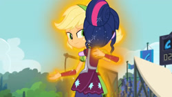 Size: 3410x1920 | Tagged: safe, screencap, applejack, sci-twi, twilight sparkle, equestria girls, g4, my little pony equestria girls: friendship games, duo, duo female, female, glowing, high res, hug, smiling