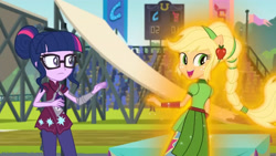 Size: 3410x1920 | Tagged: safe, screencap, applejack, sci-twi, twilight sparkle, equestria girls, g4, my little pony equestria girls: friendship games, duo, duo female, female, glasses, high res, magic capture device, open mouth, open smile, ponied up, smiling