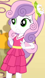 Size: 1920x3365 | Tagged: safe, screencap, sweetie belle, a photo booth story, eqg summertime shorts, equestria girls, g4, adorable face, cropped, cute, cute face, diasweetes, do not want, fall formal, fall formal outfits, female, flower, flower in hair, hairband, how about no, nervous, shocked, shocked expression, sleeveless, solo, teeth