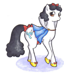 Size: 812x831 | Tagged: safe, artist:danikamorningstar, earth pony, pony, bow, disney princess, female, looking back, mare, ponified, simple background, snow white, snow white and the seven dwarfs, solo, traditional art, white background