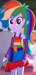 Size: 1920x3928 | Tagged: safe, screencap, rainbow dash, scribble dee, a photo booth story, equestria girls, g4, my little pony equestria girls: summertime shorts, bare shoulders, belt, clothes, cropped, cutie mark on clothes, fall formal outfits, female, fingerless gloves, gloves, male, rainbow dash always dresses in style, sleeveless, solo focus