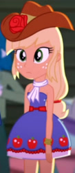 Size: 1781x4095 | Tagged: safe, screencap, applejack, a photo booth story, equestria girls, g4, my little pony equestria girls: summertime shorts, bare shoulders, cowboy hat, cropped, female, hat, male, sleeveless, solo focus, strapless