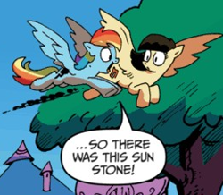 Size: 260x227 | Tagged: safe, idw, rainbow dash, wild fire, pegasus, pony, g4, zen and the art of gazebo repair, comic, cropped, description is relevant, duo, flying, sunstone (g1)