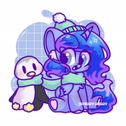 Size: 2048x2048 | Tagged: safe, artist:sunny berry, princess luna, alicorn, bird, penguin, pony, g4, animal, clothes, cute, hat, high res, scarf, sitting, smiling, winter