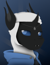 Size: 1080x1400 | Tagged: safe, artist:tiviyl, oc, oc only, changeling, bust, changeling oc, cloak, clothes, equestria divided: reunification, fangs, portrait, smiling, smirk, solo