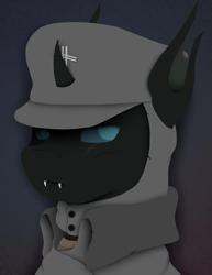 Size: 1080x1400 | Tagged: safe, artist:tiviyl, oc, oc only, changeling, bust, changeling oc, clothes, coat, equestria divided: reunification, fangs, hat, portrait, scar, simple background, solo