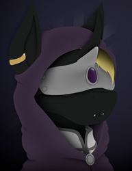 Size: 1080x1400 | Tagged: safe, artist:tiviyl, oc, oc only, changeling, changeling queen, bust, changeling oc, cloak, clothes, ear piercing, equestria divided: reunification, fangs, female, gem, hood, mask, piercing, portrait, solo