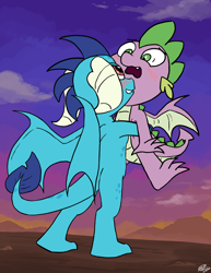 Size: 2550x3300 | Tagged: safe, artist:loreto-arts, princess ember, spike, dragon, g4, blushing, cute, dragon lands, dragoness, emberbetes, female, grin, high res, holding, holding a dragon, looking at each other, looking at someone, looking down, looking up, male, open mouth, ship:emberspike, shipping, smiling, spikabetes, straight, surprise hug, winged spike, wings