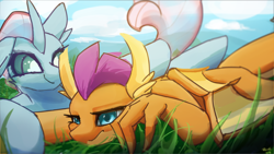 Size: 9600x5400 | Tagged: safe, artist:rainsketch, ocellus, smolder, changedling, changeling, dragon, g4, absurd file size, absurd resolution, dragoness, duo, female