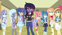 Size: 1920x1080 | Tagged: safe, artist:miidnightsparkle, oc, oc only, oc:butterfly, oc:caramel cherry, oc:glittering sky, oc:night sparkle, oc:rainbow sirius, oc:saphir diamond, oc:serenity sentry, oc:sunset blossoms, equestria girls, g4, base used, bow, clothes, crossed arms, dress, ear piercing, earring, female, frown, group, hair bow, hairclip, hand on hip, jeans, jewelry, leggings, looking at you, magical lesbian spawn, necktie, next generation, offspring, pants, parent:applejack, parent:big macintosh, parent:caramel, parent:cloudchaser, parent:double diamond, parent:flash sentry, parent:flitter, parent:fluttershy, parent:king sombra, parent:oc:cherry blossoms, parent:rainbow dash, parent:rarity, parent:soarin', parent:sunset shimmer, parent:twilight sparkle, parents:canon x oc, parents:carajack, parents:diamond duo, parents:flashlight, parents:fluttermac, parents:pegacest, parents:soarindash, parents:twibra, piercing, ribbon, scarf, shorts, skirt, vest
