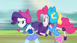 Size: 3410x1920 | Tagged: safe, screencap, pinkie pie, rarity, equestria girls, g4, my little pony equestria girls: friendship games, duo, duo female, female, helmet, high res, sleeveless