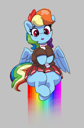 Size: 744x1134 | Tagged: safe, artist:pabbley, rainbow dash, pegasus, pony, aggie.io, cheerleader, cheerleader outfit, clothes, cute, dashabetes, dress, female, mare, open mouth, rainbow, simple background, sitting, spread wings, thighs, thunder thighs, wings