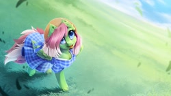 Size: 4096x2316 | Tagged: safe, artist:arctic-fox, oc, oc only, oc:watermelon success, pegasus, pony, commission, ear fluff, field, freckles, grass, hat, leaves, scenery, solo