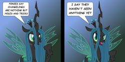 Size: 800x400 | Tagged: artist needed, safe, queen chrysalis, changeling, changeling queen, g4, 2 panel comic, comic, dialogue, female, looking at you, smiling, solo, speech bubble, spread wings, wings