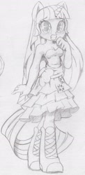 Size: 998x2039 | Tagged: safe, artist:shadowhawx, twilight sparkle, unicorn, equestria girls, g4, blushing, clothes, dress, grin, happy, looking at you, monochrome, ponied up, smiling, solo, traditional art