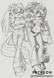 Size: 1590x2313 | Tagged: safe, artist:shadowhawx, fluttershy, rarity, pegasus, unicorn, anthro, plantigrade anthro, g4, blouse, breasts, busty fluttershy, cleavage, clothes, duo, female, lidded eyes, midriff, monochrome, pants, shoulderless, smiling, spread wings, sunglasses, traditional art, wings