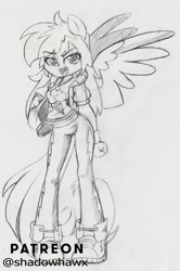 Size: 1380x2081 | Tagged: safe, artist:shadowhawx, rainbow dash, pegasus, anthro, plantigrade anthro, g4, converse, female, looking at you, monochrome, open mouth, shoes, smiling, solo, spread wings, traditional art, wings