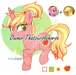 Size: 1280x1264 | Tagged: safe, artist:hoochuu, artist:mint-light, applejack, luster dawn, pony, unicorn, g4, abstract background, base used, clothes, deviantart watermark, eyelashes, female, freckles, fusion, hat, mare, obtrusive watermark, screencap reference, smiling, solo, watermark