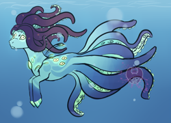 Size: 2889x2076 | Tagged: safe, artist:sleepydemonmonster, oc, oc only, hybrid, monster pony, octopony, octopus, original species, seapony (g4), art trade, bubble, crepuscular rays, fins, flowing mane, flowing tail, glowing, high res, hooves, index get, logo, ocean, palindrome get, solo, sunlight, swimming, tail, tentacle tail, tentacles, underwater, water, watermark