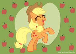 Size: 900x644 | Tagged: safe, artist:cartoon gurra, applejack, earth pony, pony, g4, apple, eyes closed, female, food, freckles, hat, mare, rearing, solo