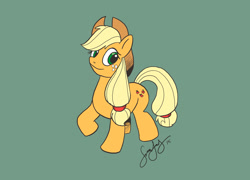 Size: 992x714 | Tagged: safe, artist:cartoon gurra, applejack, earth pony, pony, g4, female, freckles, green background, hat, mare, raised hoof, simple background, smiling, solo
