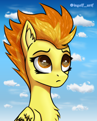 Size: 2700x3375 | Tagged: safe, artist:ingolf arts, spitfire, pegasus, pony, g4, bust, chest fluff, cloud, cute, ear fluff, female, high res, looking at you, mare, sad, sky, solo, wings, wonderbolts