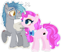 Size: 2325x1987 | Tagged: safe, artist:stormcloud-yt, oc, oc only, oc:gentle cream, oc:matthew, earth pony, pegasus, pony, unicorn, base used, blushing, bowtie, duo, female, horn, male, mare, offspring, parent:party favor, parent:pinkie pie, parent:rarity, parent:thunderlane, parents:partypie, parents:rarilane, pegasus oc, raised hoof, simple background, stallion, transparent background, unicorn oc