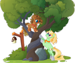 Size: 3142x2655 | Tagged: safe, artist:stormcloud-yt, oc, oc only, oc:anahita, oc:outbreak, earth pony, pony, unicorn, base used, bird house, duo, earth pony oc, female, high res, intertwined trees, magical gay spawn, mare, offspring, parent:applejack, parent:trenderhoof, parent:trouble shoes, parent:zephyr breeze, parents:troublejack, rock, simple background, transparent background, tree