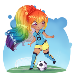 Size: 1024x1048 | Tagged: safe, artist:maneblue, rainbow dash, human, g4, blushing, clothes, dark skin, female, football, humanized, shorts, simple background, smiling, sports, transparent background