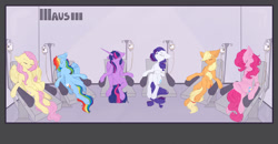 Size: 1024x532 | Tagged: safe, artist:maneblue, applejack, fluttershy, pinkie pie, rainbow dash, rarity, twilight sparkle, alicorn, earth pony, pegasus, pony, unicorn, g4, among us, eyes closed, female, iv drip, mane six, mare, one eye open, twilight sparkle (alicorn)