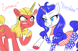 Size: 4000x2626 | Tagged: safe, artist:kaikururu, oc, oc only, oc:commie, oc:freedom, pony, unicorn, angry, duo, female, horn, mare, simple background, smiling, smirk, unicorn oc, unshorn fetlocks, white background