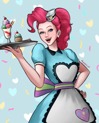 Size: 1280x1588 | Tagged: safe, artist:guyser3, pinkie pie, human, equestria girls, equestria girls series, g4, pinkie pie: snack psychic, abstract background, clothes, confetti, cupcake, dress, female, food, hand on hip, humanized, milkshake, server pinkie pie, smiling, solo, tray