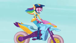 Size: 3410x1920 | Tagged: safe, screencap, rainbow dash, equestria girls, g4, my little pony equestria girls: friendship games, boots, female, helmet, high res, motorcycle, open mouth, open smile, shoes, smiling, solo