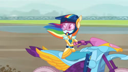 Size: 3410x1920 | Tagged: safe, screencap, rainbow dash, equestria girls, g4, my little pony equestria girls: friendship games, female, helmet, high res, motorcycle, open mouth, solo