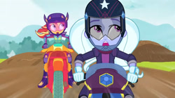 Size: 3410x1920 | Tagged: safe, screencap, sugarcoat, sunset shimmer, equestria girls, g4, my little pony equestria girls: friendship games, duo, duo female, female, helmet, high res, motorcycle, open mouth