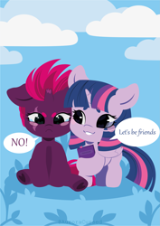 Size: 4135x5848 | Tagged: safe, artist:auroracursed, tempest shadow, twilight sparkle, alicorn, pony, unicorn, g4, angry, chibi, crying, cute, female, lesbian, mare, no, ship:tempestlight, shipping, tears of anger, tempest shadow is not amused, tempestbetes, twiabetes, twilight sparkle (alicorn), unamused