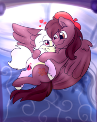 Size: 2000x2500 | Tagged: safe, artist:euspuche, oc, oc only, oc:autumn rosewood, oc:carmen garcía, earth pony, pegasus, pony, bed, beret, cuddling, duo, female, floating heart, hat, heart, high res, hug, male, mare, snuggling, stallion
