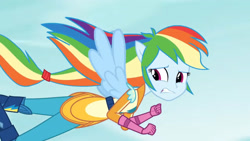 Size: 3410x1920 | Tagged: safe, screencap, rainbow dash, equestria girls, g4, my little pony equestria girls: friendship games, boots, female, flying, high res, ponied up, shoes, solo, spread wings, wings