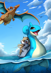 Size: 2509x3550 | Tagged: safe, artist:pridark, oc, oc only, oc:disterious, bat pony, charizard, fish, lapras, pony, unicorn, bat pony oc, bubble, cloud, crepuscular rays, fangs, flying, high res, horn, ocean, partially submerged, pokémon, seaweed, sky, sunlight, swimming, underwater, water, waving