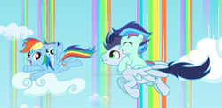 Size: 1024x500 | Tagged: safe, artist:velveagicsentryyt, rainbow dash, soarin', oc, oc:prisdale, oc:rainbow blitzes, pegasus, pony, g4, cloud, female, filly, flying, foal, male, offspring, parent:rainbow dash, parent:soarin', parents:soarindash, ponies riding ponies, rainbow waterfall, riding, ship:soarindash, shipping, straight