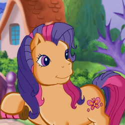 Size: 540x539 | Tagged: safe, screencap, scootaloo (g3), earth pony, pony, g3, meet the ponies, pinkie pie's party party, bridge, cropped, cute, dexterous hooves, female, g3 cutealoo, holding, house, kite, mare, ponyville (g3), smiling, solo