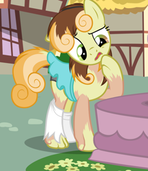 Size: 1092x1257 | Tagged: safe, artist:anonymous, junebug, earth pony, pony, g4, /ptfg/, brown hair, clothes, confused, eye color change, female, flower, head tilt, hoof on chin, human to pony, mare, mid-transformation, open mouth, outdoors, raised hoof, show accurate, skirt, socks, solo, standing, transformation, underwear
