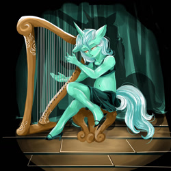 Size: 1280x1280 | Tagged: safe, artist:mrrowerscream, lyra heartstrings, unicorn, anthro, unguligrade anthro, g4, clothes, female, halter top, harp, high heels, horn, human facial structure, musical instrument, playing instrument, shoes, skirt, solo, tail